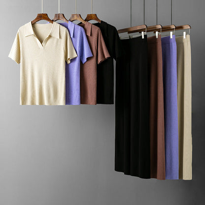 Women's polo collar short-sleeved top wide-leg trousers set