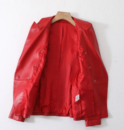 Women's short sheepskin motorcycle leather jacket