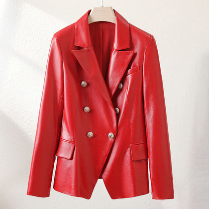 Women's short sheepskin motorcycle leather jacket