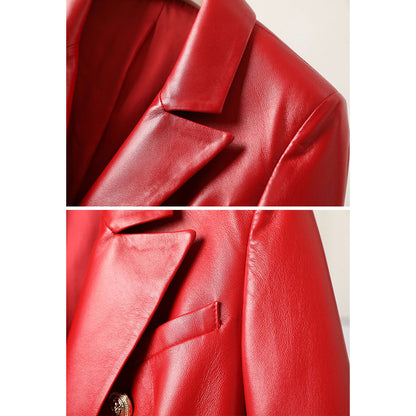 Women's short sheepskin motorcycle leather jacket