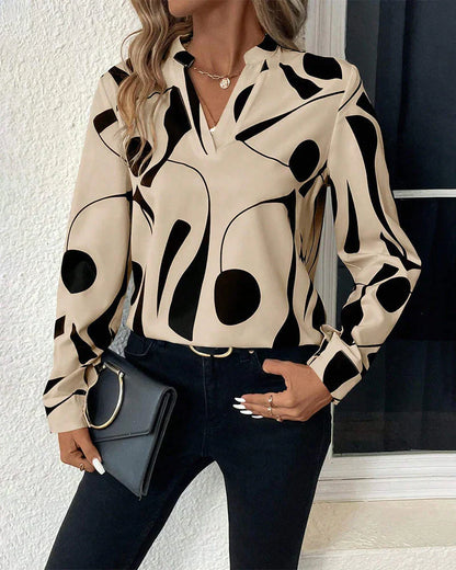 Women's Blouse - V-Neck - Long Sleeve - Lightweight Flowy Modern Print