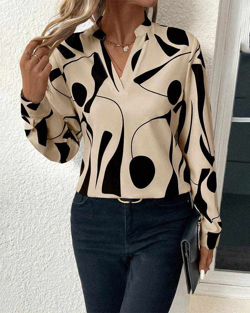 Women's Blouse - V-Neck - Long Sleeve - Lightweight Flowy Modern Print