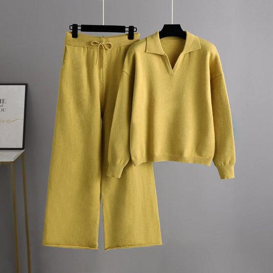 Polo Sweater Drawstring Wide Leg Pants Set
