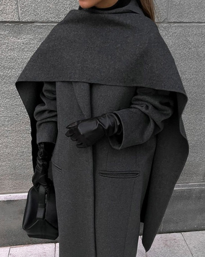 Women’s Two-Piece Long Wool Coat – Oversized Fit – Double-Breasted – Scarf Cape Design