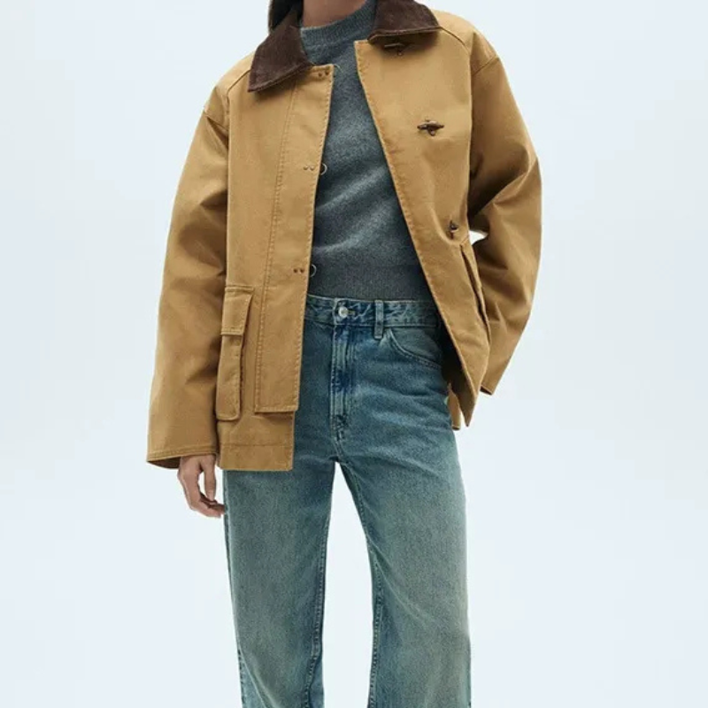 Women’s Coat – Relaxed Fit – Cotton Blend – Lapel Collar – Snap Closure – Patch Pockets