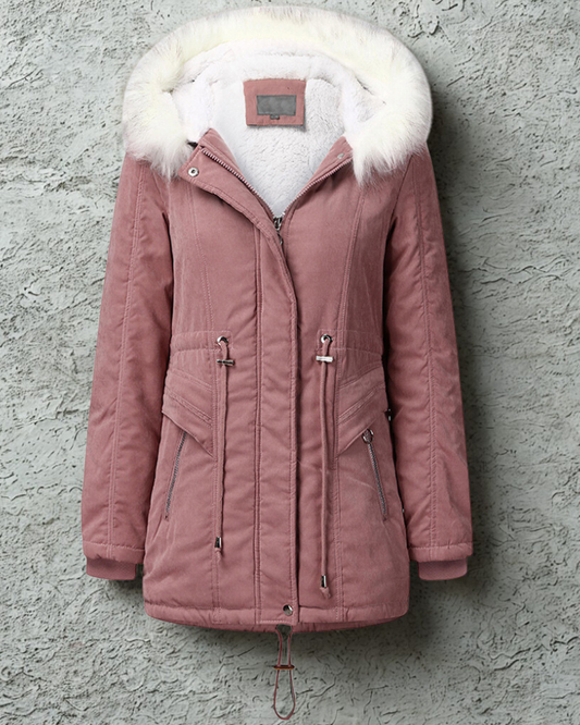 Faux Fur Hood Tailored Fit Mid-Thigh Coat 