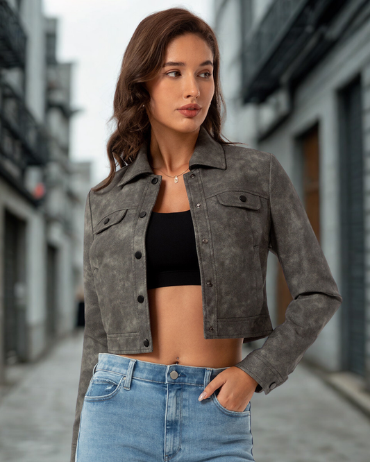 Faux Suede Cropped Snap-Button Jacket