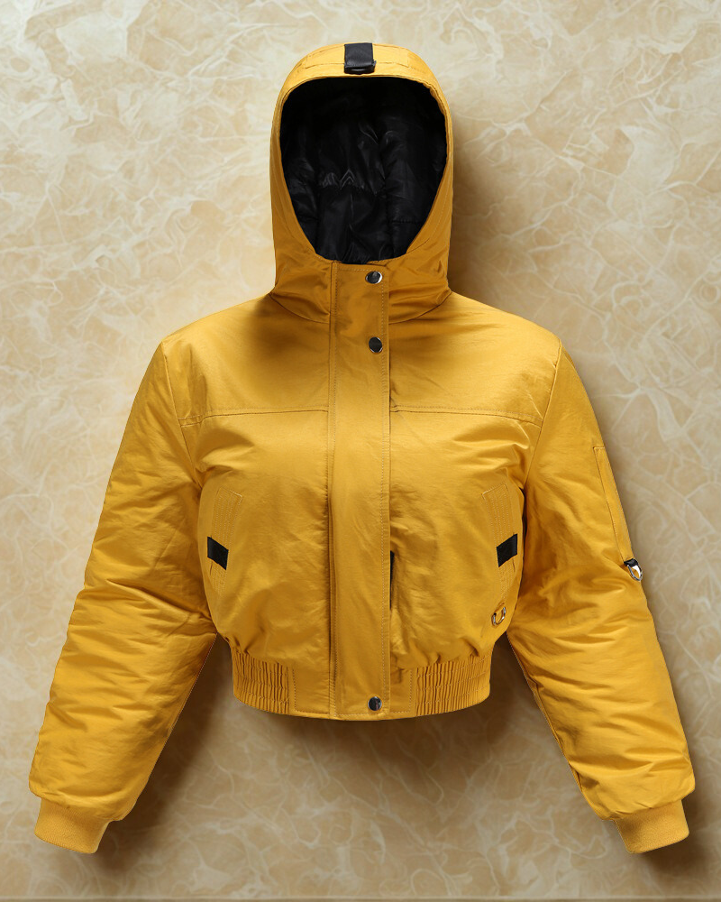 Women’s Cropped Coat – Hooded – Synthetic – Ribbed Cuffs – Urban Style