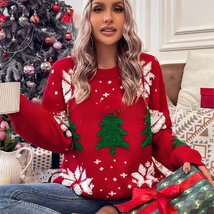 Women’s Sweatshirt – Loose Fit – Knitted Texture – Holiday Motif – Round Neck – Ribbed Cuffs