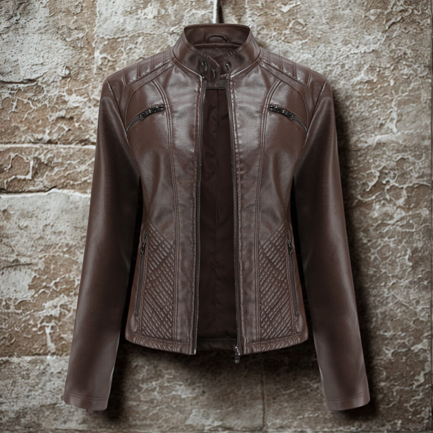 Faux Leather Slim Fit Stand Collar Jacket