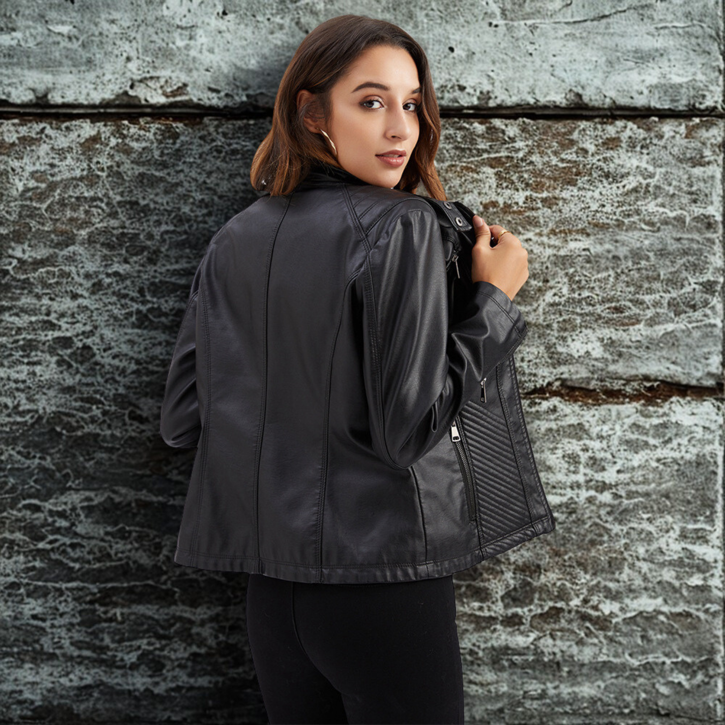 Women’s Jacket - Faux Leather - Slim Fit - Stand Collar - Hip Length