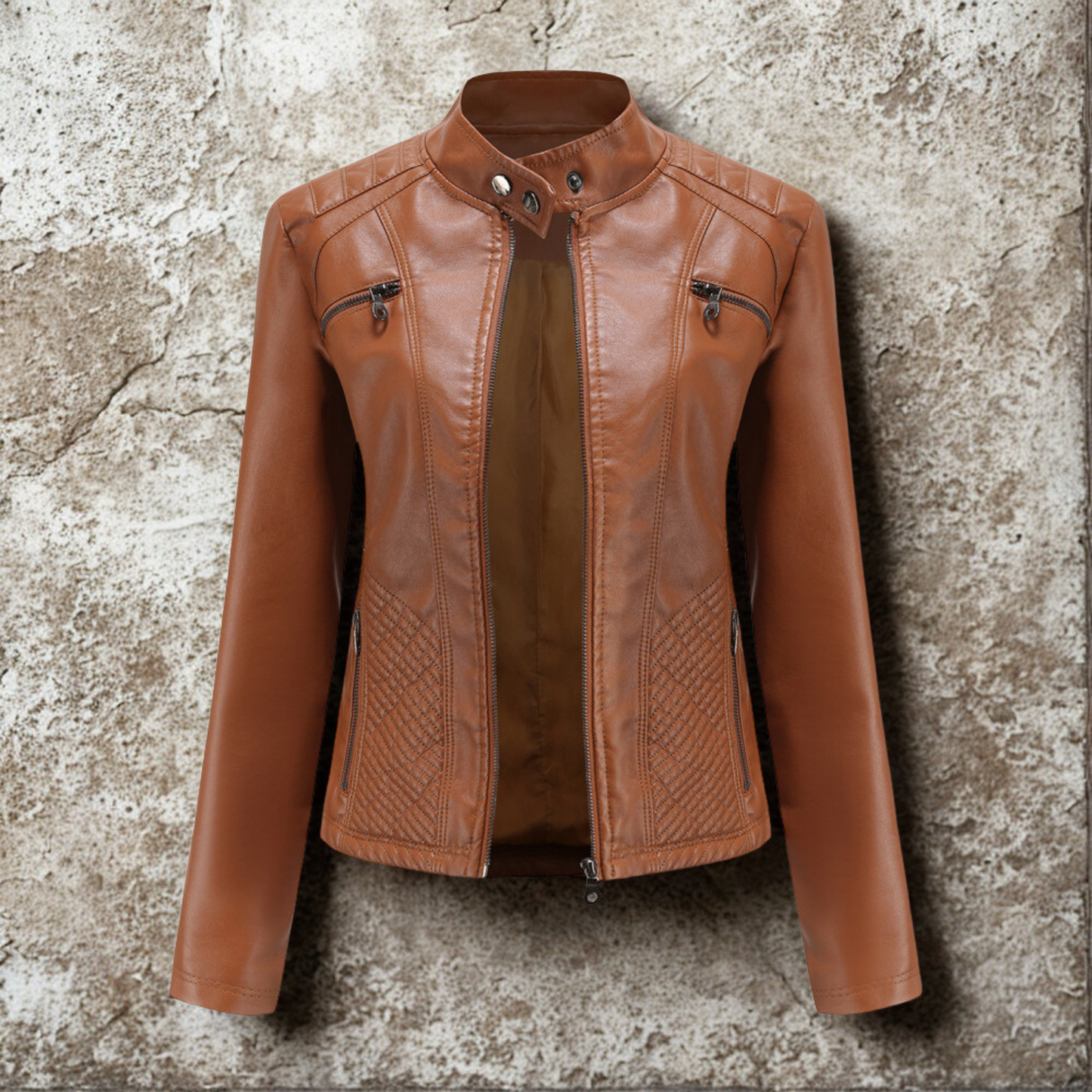 Women’s Jacket - Faux Leather - Slim Fit - Stand Collar - Hip Length
