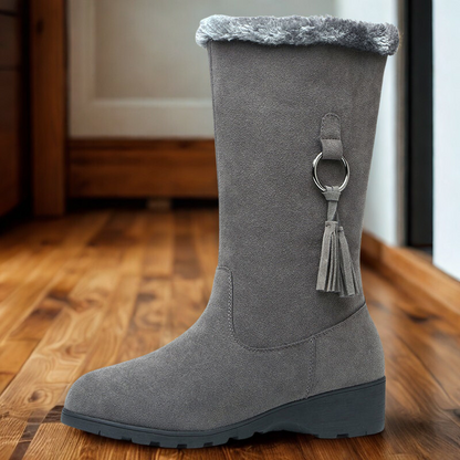 Women’s Boots - Suede-Like - Mid-Calf Height - Low Wedge Heel - Tassel Detail