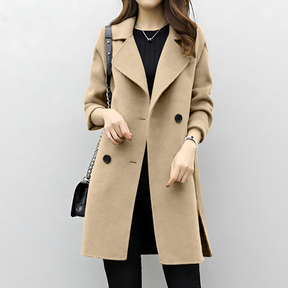 Women’s Coat - Wool - Double Breasted - Notched Lapel - Mid-Thigh Length