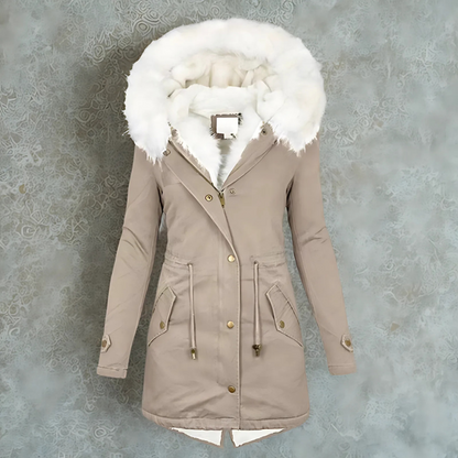 Women’s Parka Coat – Slim Fit Mid-Length – Faux Fur Hood – Weather-Resistant – Adjustable Waist