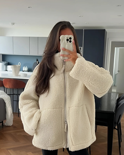 Women’s Plush Jacket – Oversized Relaxed Fit – High Turtleneck – Full Zip Casual Layer