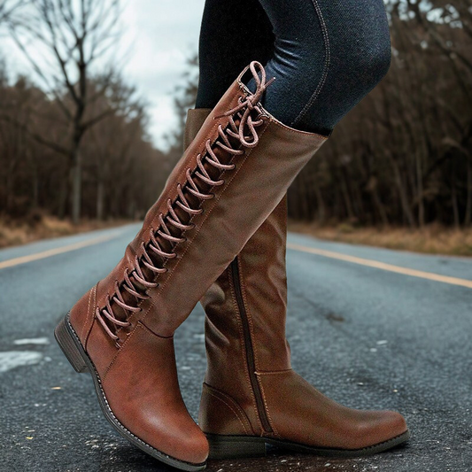 Faux Leather Criss-Cross Lace Knee-High Boots 