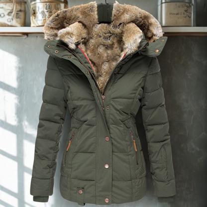 Women’s Quilted Jacket – Slim Fit – Detachable Faux Fur Hood – Ribbed Cuffs – Zip Closure