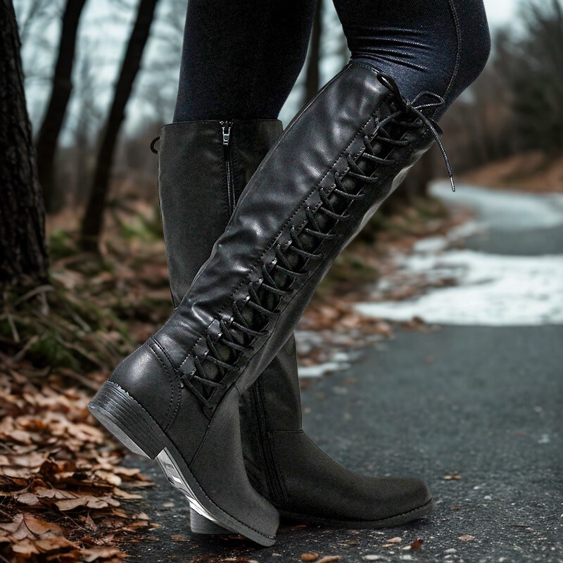 Women’s Knee-High Boots – Faux Leather – Criss-Cross Lacing – Low Block Heel – Side Zipper