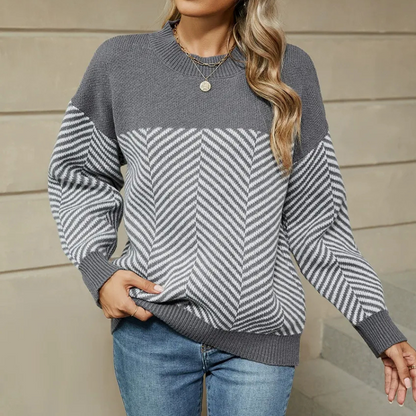 Women’s Sweatshirt – Relaxed Fit – Chevron Knit – Ribbed Crew Neck – Wool Blend
