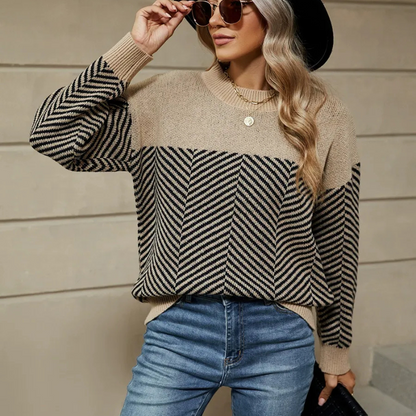 Women’s Sweatshirt – Relaxed Fit – Chevron Knit – Ribbed Crew Neck – Wool Blend