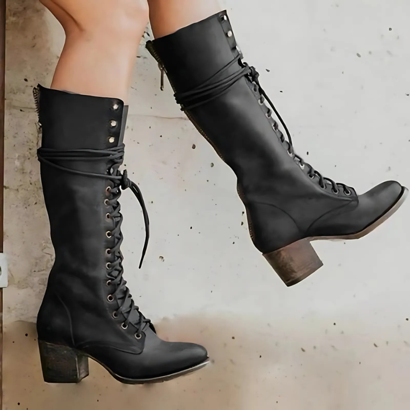 Women’s Knee-High Boots – Lace-Up Front – Block Heel – Back Zipper – Sturdy Sole