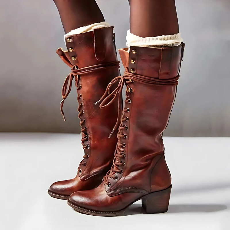 Lace-Up Block Heel Knee-High Boots 