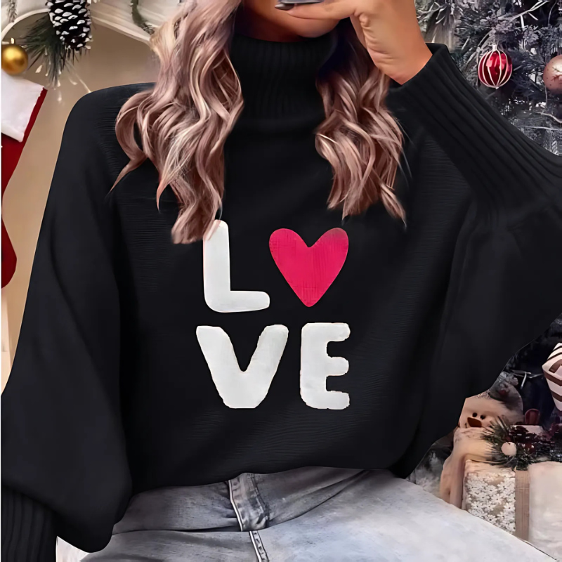 Women’s Pullover Sweatshirt – Oversized Fit – Knit Texture – Batwing Sleeves – Ribbed Turtleneck – LOVE Graphic