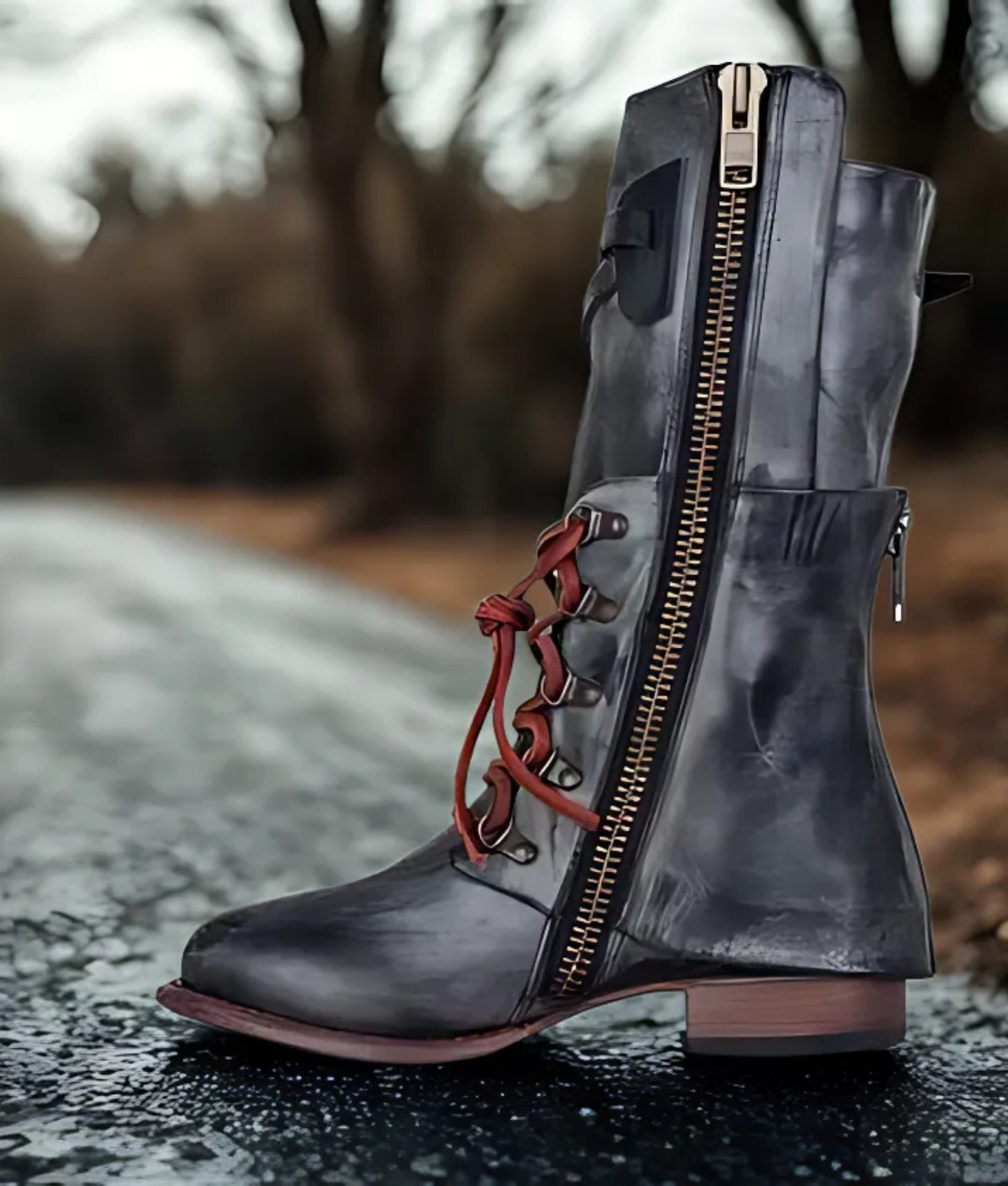 Leather Mid-Calf Lace-Up Boot