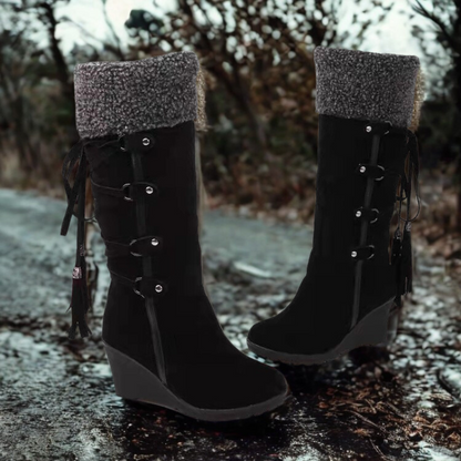 Women’s Mid-Calf Boots – Wedge Heel – Suede Finish – Faux Fur Cuff – Tassel Straps