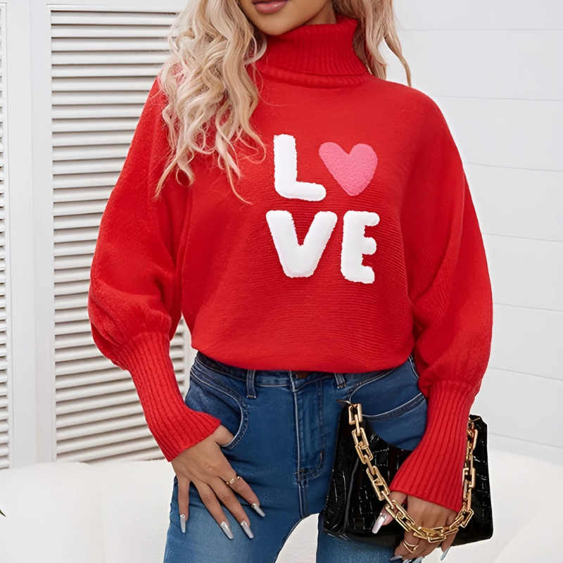 Women’s Pullover Sweatshirt – Oversized Fit – Knit Texture – Batwing Sleeves – Ribbed Turtleneck – LOVE Graphic