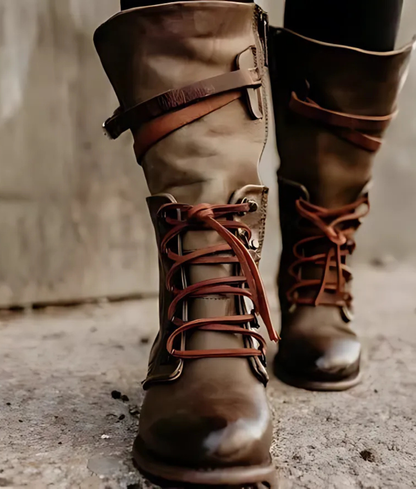 Women’s Boot - Leather - Mid-Calf Length - Lace-Up Front - Adjustable Buckle Strap