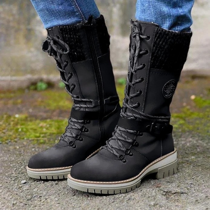 Women’s Mid-Calf Boots – Lace-Up Front – Knitted Cuff – Buckle Strap – Block Heel