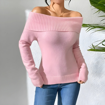 Women’s Off-Shoulder Sweatshirt – Slim Fit – Knit Fabric – Ribbed Neckline – Long Sleeve
