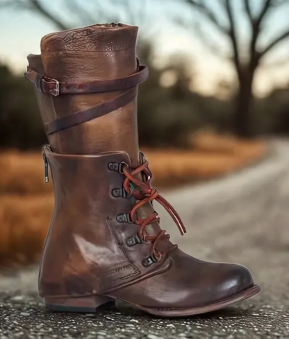 Women’s Boot - Leather - Mid-Calf Length - Lace-Up Front - Adjustable Buckle Strap