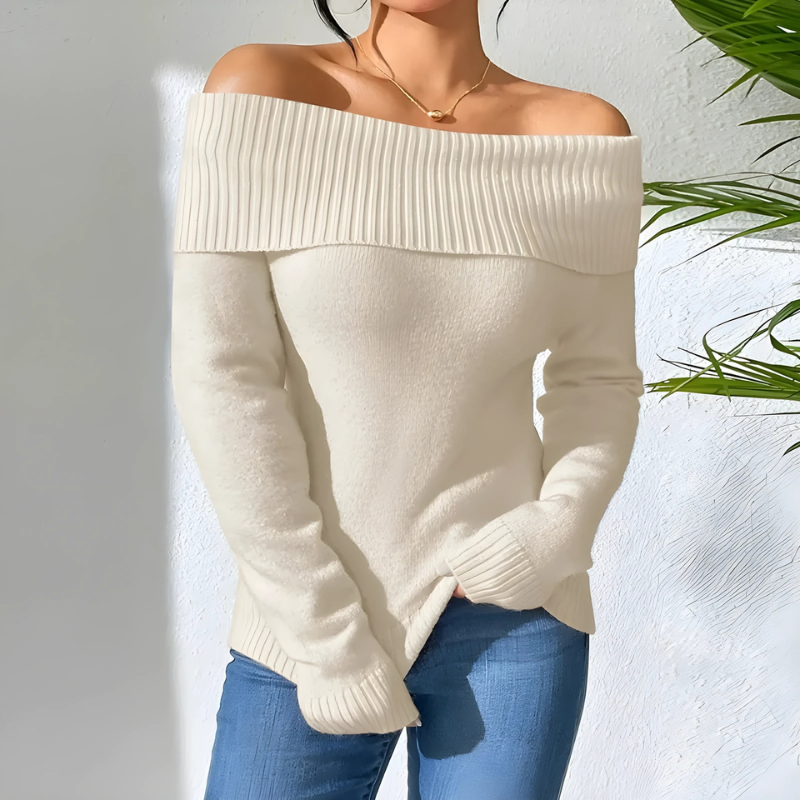Women’s Off-Shoulder Sweatshirt – Slim Fit – Knit Fabric – Ribbed Neckline – Long Sleeve