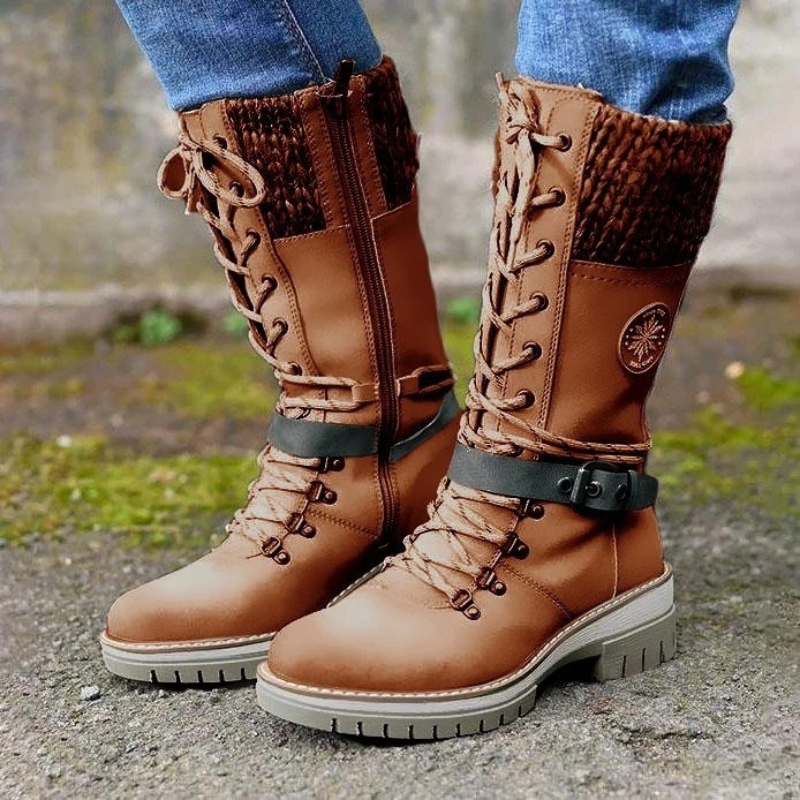 Knitted Cuff Lace-Up Block Heel Boots 