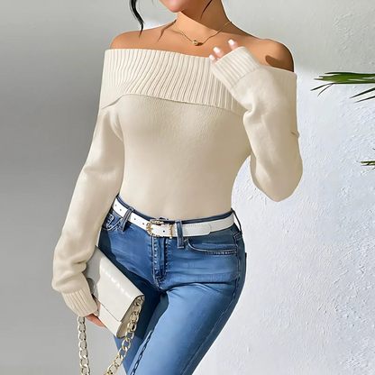 Women’s Off-Shoulder Sweatshirt – Slim Fit – Knit Fabric – Ribbed Neckline – Long Sleeve