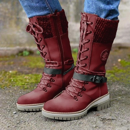 Women’s Mid-Calf Boots – Lace-Up Front – Knitted Cuff – Buckle Strap – Block Heel