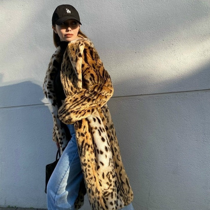 Women’s Coat - Faux Fur - Leopard Print - Notched Lapel Collar - Maxi Length