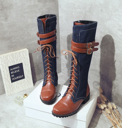 Women’s Knee-High Boots - Synthetic Leather - Lace-Up Front - Buckle Straps