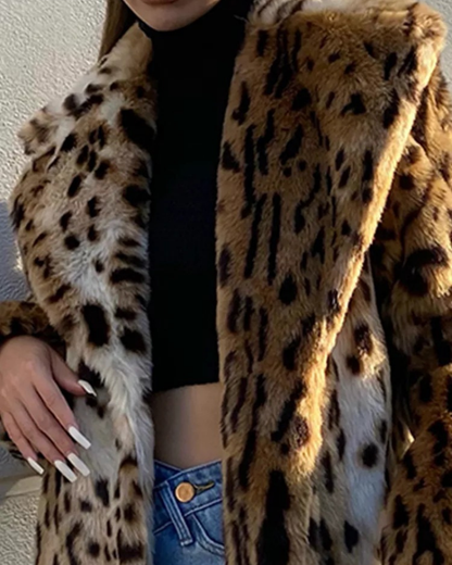 Women’s Coat - Faux Fur - Leopard Print - Notched Lapel Collar - Maxi Length