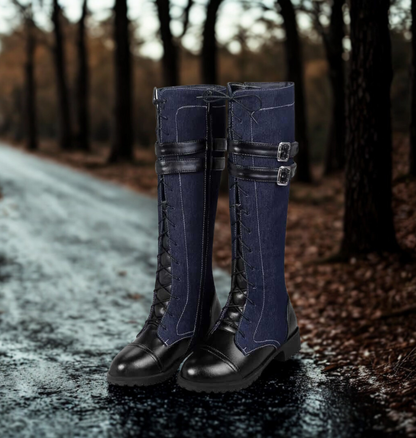Women’s Knee-High Boots - Synthetic Leather - Lace-Up Front - Buckle Straps