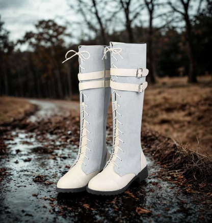 Women’s Knee-High Boots - Synthetic Leather - Lace-Up Front - Buckle Straps