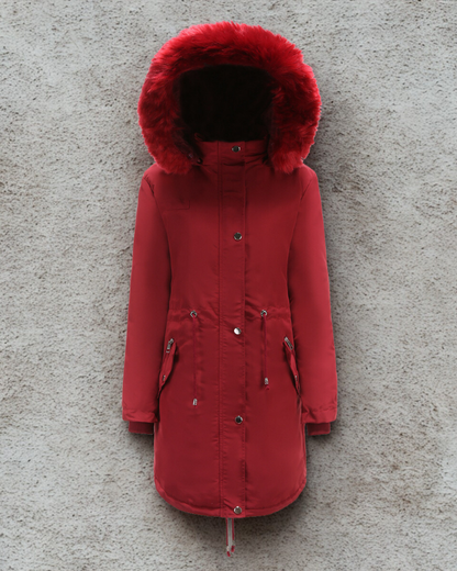 Women’s Parka Jacket – Faux Fur Hood – Mid-Thigh Length – Wind Resistant – Drawstring Waist