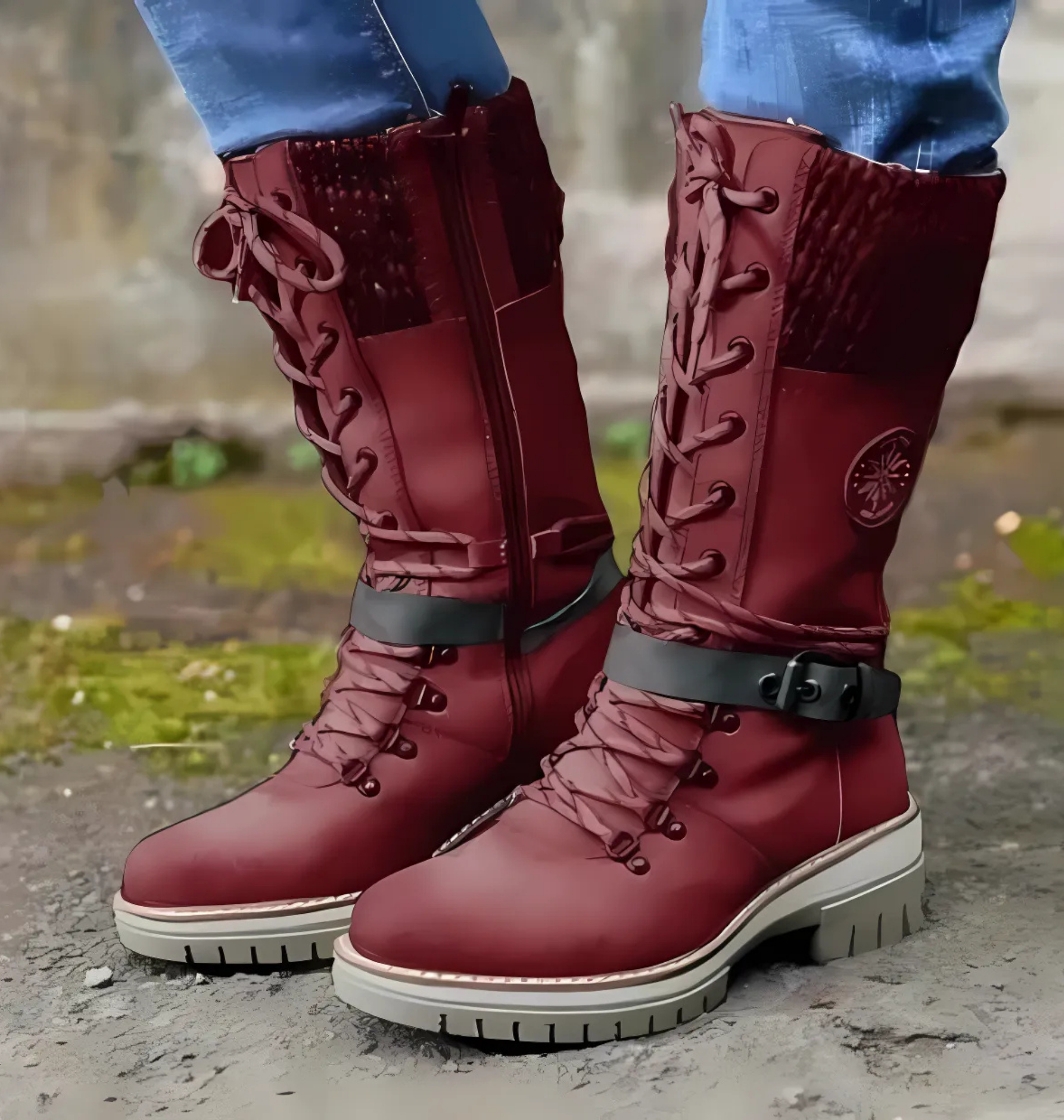 Faux Leather Mid-Calf Lace-Up Boots