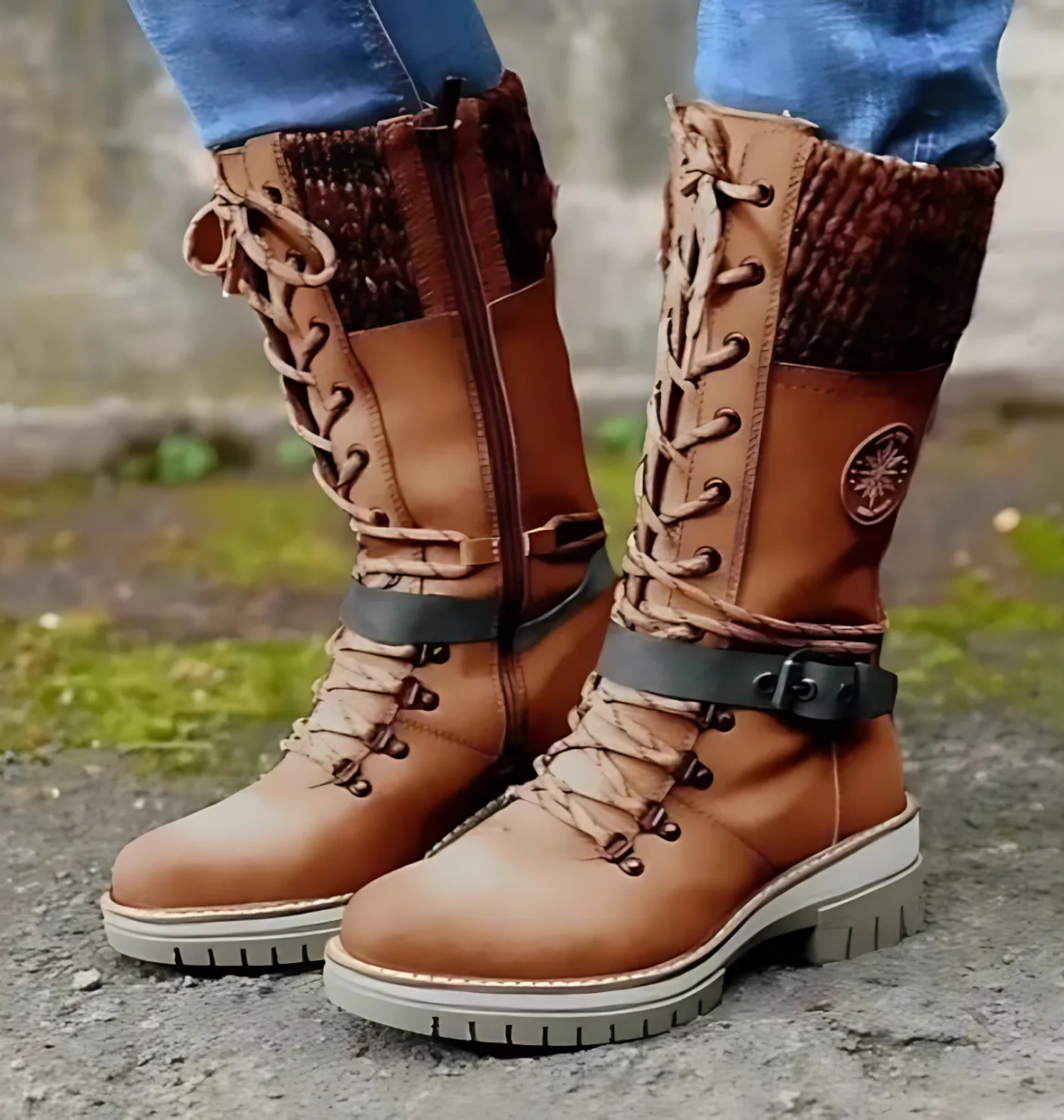 Women’s Boots - Faux Leather - Mid-Calf Height - Lace-Up - Chunky Block Heel
