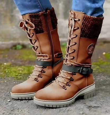 Women’s Boots - Faux Leather - Mid-Calf Height - Lace-Up - Chunky Block Heel