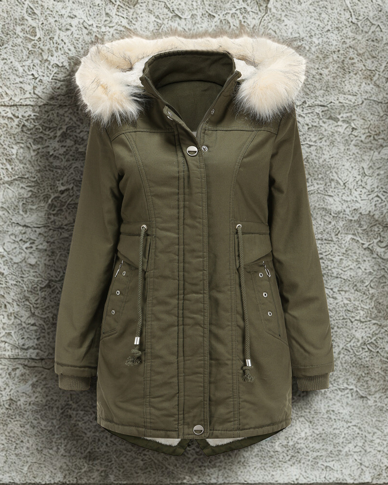 Women’s Parka Jacket – Faux Fur Hood – Shearling Lined – Mid-Thigh – Drawstring Waist