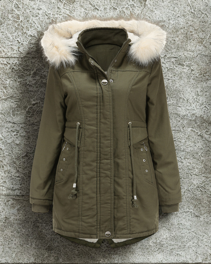 Women’s Parka Jacket – Faux Fur Hood – Shearling Lined – Mid-Thigh – Drawstring Waist